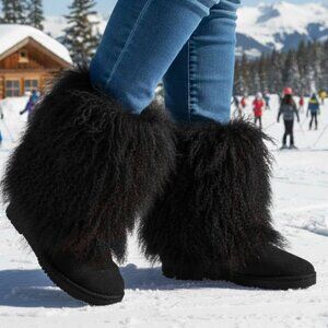 Bearpaw Boetis Black Curly Lamb Fur Sheepskin Lined Mongolian Sherpa Boots 6 NEW